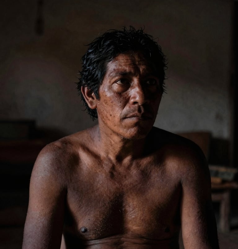 A contemplative, low-light photograph of a human figure in a South American / Argentine home, partially obscured by shadows. The composition focuses on the play of light on skin, using a palette of deep charcoal and muted earthy brown.