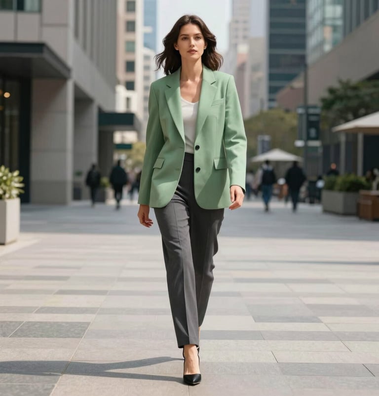 A full-length fashion photograph of a woman walking confidently through a modern, upscale North American / Western European city plaza. She is wearing a soft green blazer and tailored charcoal trousers. The lighting is sunny and crisp, conveying a high-end, inspiring lifestyle mood.