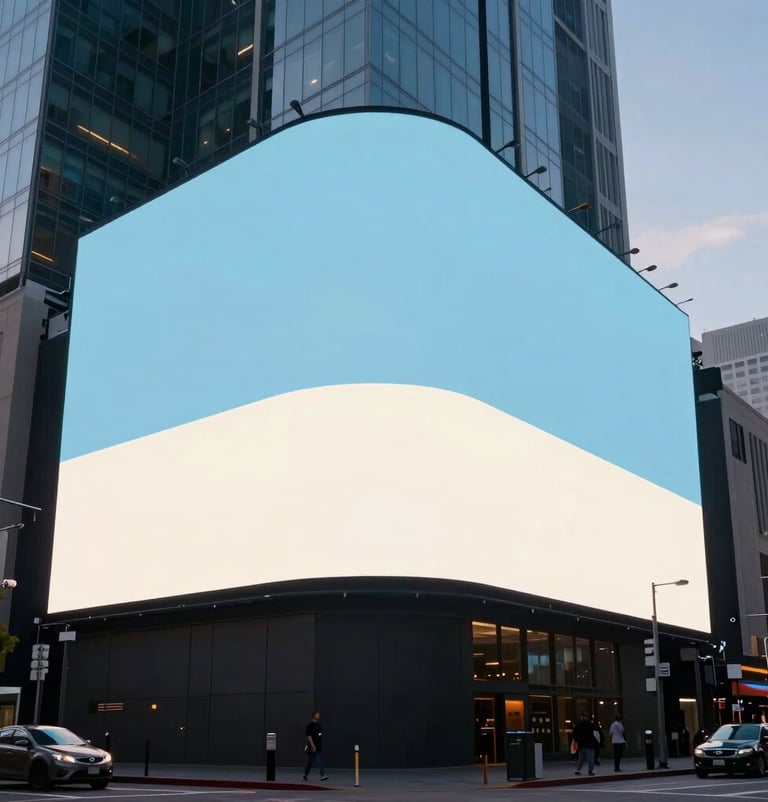 Wide shot of a massive digital billboard in a North American / US metropolitan area during twilight, displaying a high-contrast sports photograph in light blue and off-white, sleek urban glass architecture surrounding it.