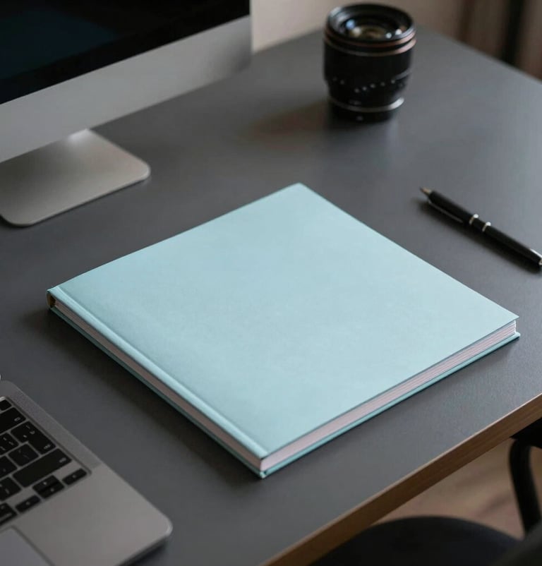 Detailed photography of a designer's desk in a Brazilian studio, dark gray surfaces with minimalist stationary and a subtle baby blue sketchbook, professional and creative workspace.