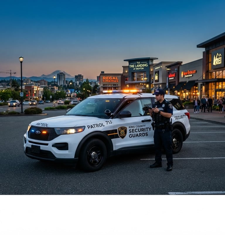 Wide panoramic shot of a fully marked KING COUNTY SECURITY GUARDS patrol vehicle parked prominently on a commercial property in Renton, WA at golden hour, safety lights active but not blinding, officer visible in uniform beside the vehicle, crisp daylight, deep navy tones, high contrast, 35mm lens.