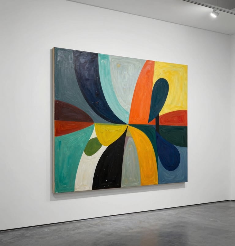 A striking photograph of a large-scale modern painting in a minimalist studio. The artwork features vibrant colors and fluid shapes, standing in contrast to the clean white walls and dark grey floor of the Middle Eastern studio space.