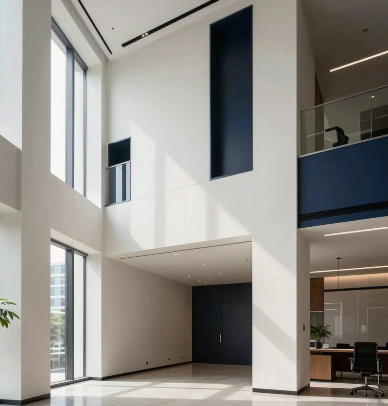 A high-end architectural shot of a modern office interior in a Southeast Asian / Indonesian city, featuring clean lines, off-white walls, and professional dark navy accents.