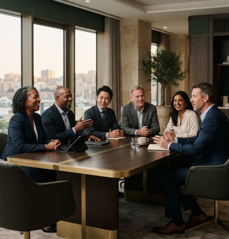 Professional portrait of a diverse, experienced executive team in a modern, elegant office setting, soft architectural lighting, 35mm
