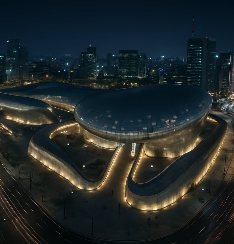 Ultra-wide aerial drone panorama of the Dongdaemun Design Plaza at night, metallic curves shimmering under artificial lights, cinematic composition, futuristic urban landscape, East Asian / Korean urban.