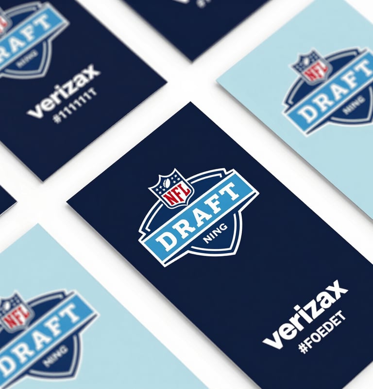 An editorial flat lay of premium marketing materials and passes for the Verizon NFL Draft campaign. Clean layout, sharp focus, using a sophisticated dark palette (#111111, #F0EDE8).