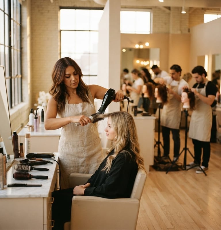 Polished salon interior with a stylist performing precision styling on a client, and in the background, students practicing hair techniques on mannequins in a well-lit academy classroom. Warm, soft natural light, ivory and beige tones, shallow depth of field.