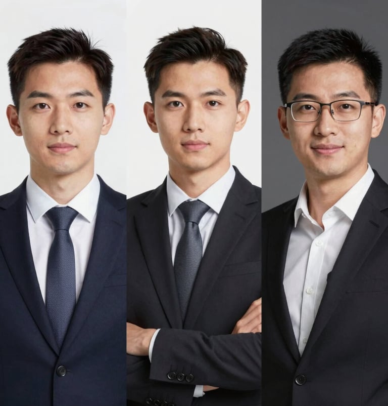 A sophisticated grid of three vertical portraits of modern professionals, showcasing high-contrast lighting and clean backgrounds in #FDFBF7 and #0D0D0D.