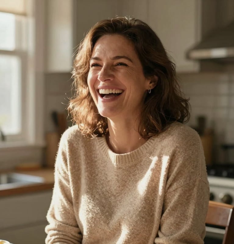 A warm, intimate portrait of a mother laughing in a sun-lit North American / US kitchen. The light is soft and inviting, highlighting the soft sand tones of her sweater. Authentic and friendly atmosphere.