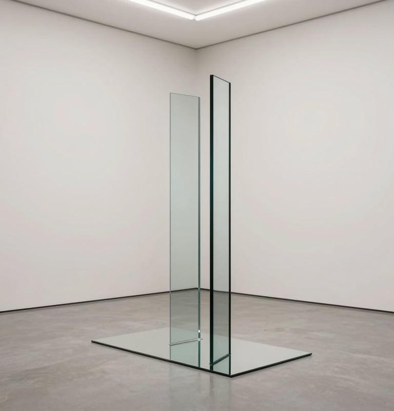 Vertical orientation. A minimalist sculpture made of glass and polished steel, reflecting the off-white walls of a contemporary art space in Western Europe. Elegant, clean lines and expansive white space.