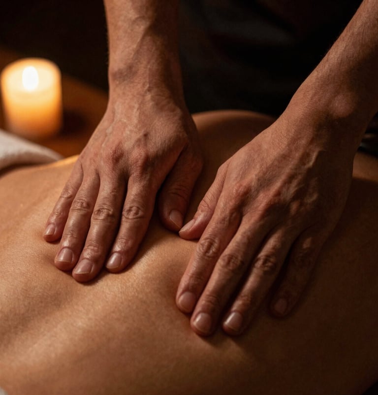 Macro close-up of hands applying precise pressure to a client's upper back, warm candlelit glow, deep shadows, rich gold and black tones, shallow depth of field, focus on the hands and muscle texture.