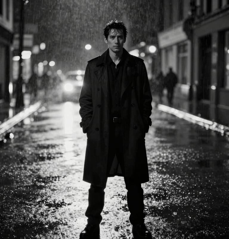 A black and white film still of an actor standing in a rain-slicked street at night. Dramatic backlighting creating a silhouette with a rim of #F5F5F5 light.