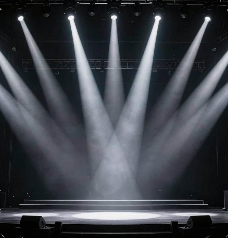 Wide-angle photograph of a sleek, modern stage in a North American venue. Intense white spotlights cut through the dark black atmosphere. Minimalist and high-impact concert setup.