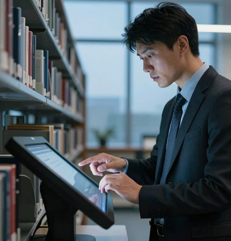 A person in a North American / US corporate library interacting with a touchscreen, focused expression, cool sky blue ambient light.