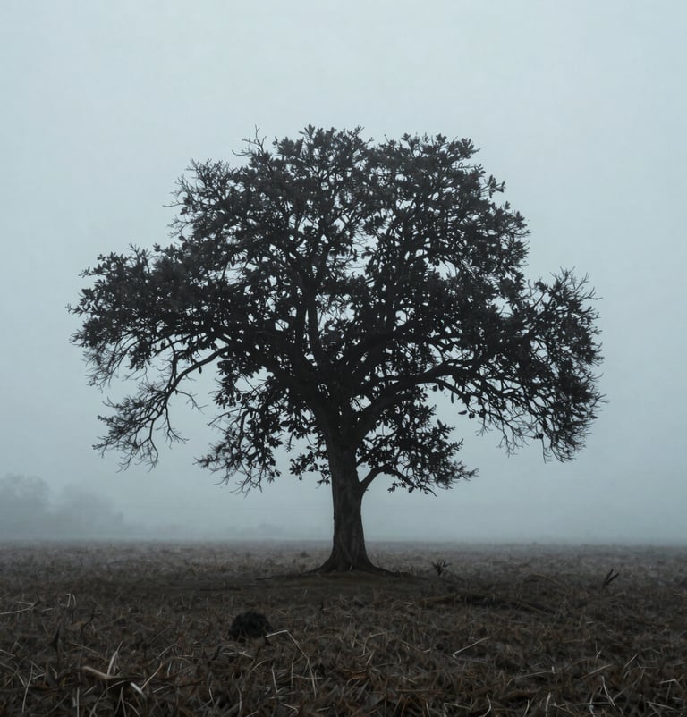 A wide editorial landscape shot featuring a single tree in the mist. Colors are restricted to mist grey, soft steel blue, and deep charcoal.