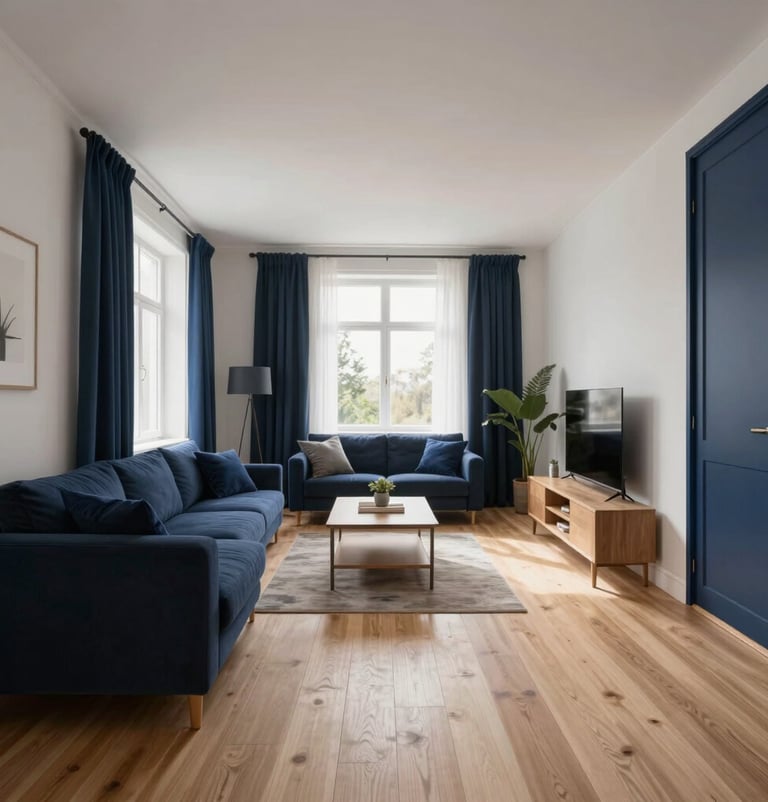 A wide-angle professional photograph of a living area featuring custom 3D visualizations brought to life. Light wood floors, navy blue accents, and soft white walls. Northern European / Baltic morning light, minimalist furniture.