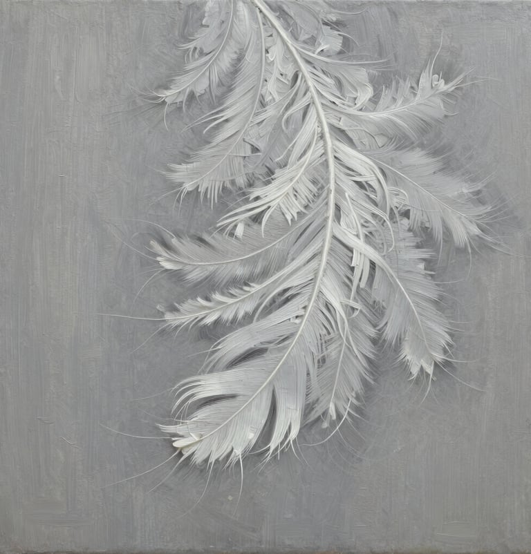Detail of a contemporary oil painting featuring delicate, feathery brushstrokes in light grey and white, capturing a sense of movement and refined elegance.