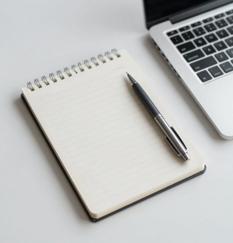 A minimalist overhead shot of a journalist's workspace: a clean notebook with hand-written notes, a professional pen, and a laptop. The aesthetic is clean and organized, utilizing #F5F5F5 and #263238 for a look of expertise.