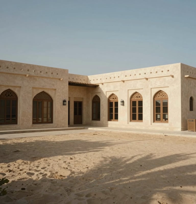 Wide cinematic shot of a modern villa courtyard in the Middle Eastern / Gulf region, sun-drenched architecture with soft sand colors and long shadows, warm and inviting atmosphere.