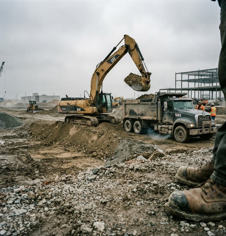 Low-angle wide shot of a yellow excavator and a heavy transport truck on an active construction site, overcast daylight, gritty desaturated tones, 35mm film grain, steel-toed boots on gravel in foreground right.