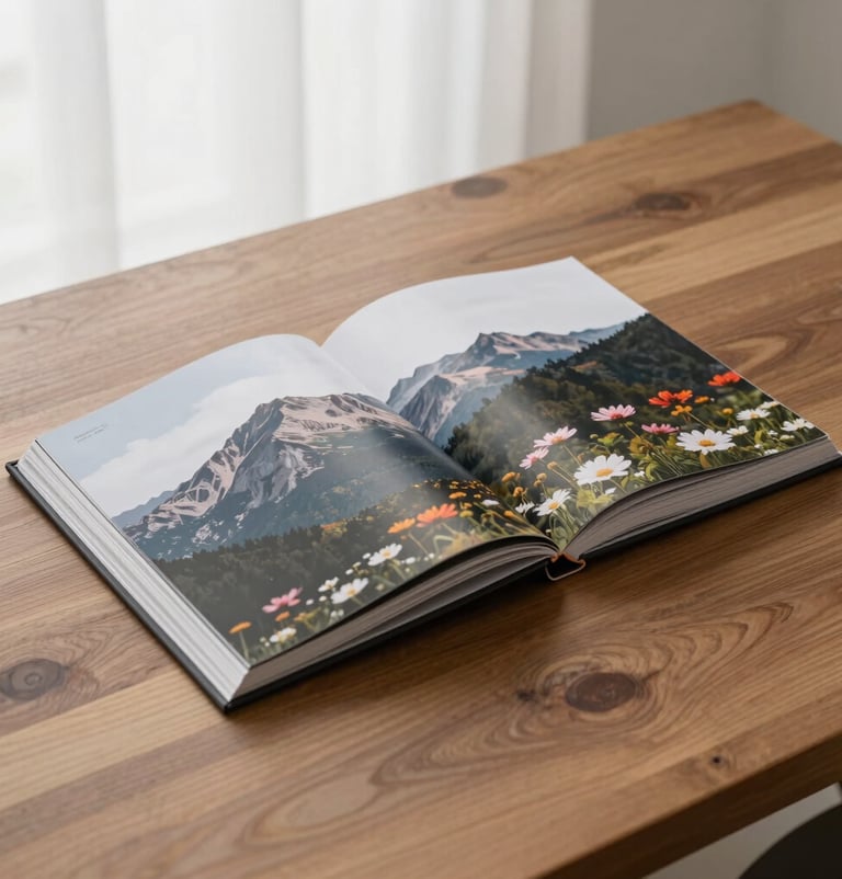 A minimalist composition of a high-quality photography portfolio book resting on a wooden table in a bright North American studio. The lighting is clean and airy, showcasing professional mountain and flower prints on the open pages, reflecting a sophisticated artistic lifestyle.