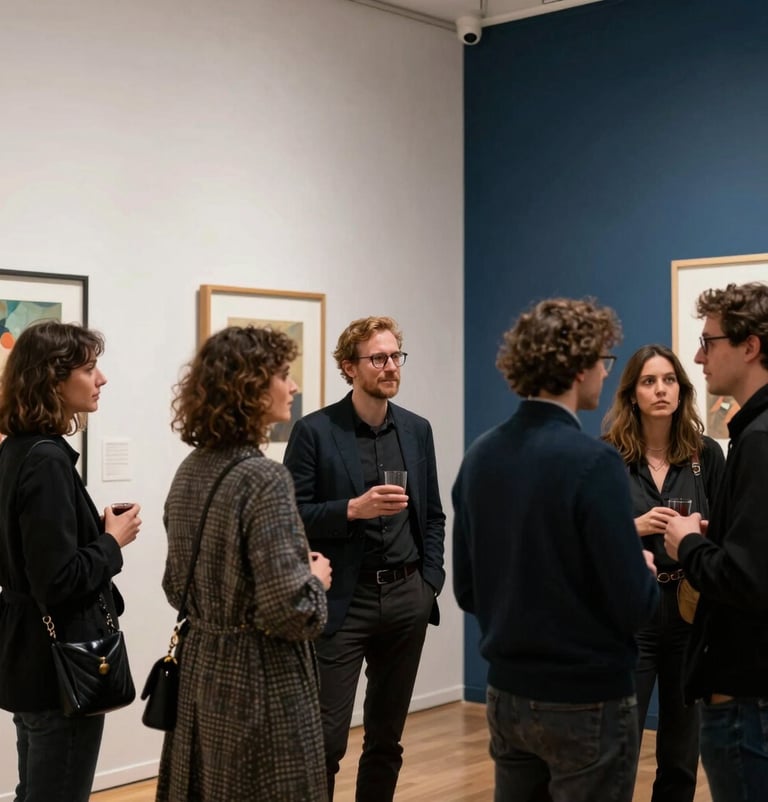 Photography of a lively vernissage in a European / French art space. A diverse group of artists and professionals are talking and networking. The background features walls painted in soft off-white and brand-consistent dark navy blue accents.