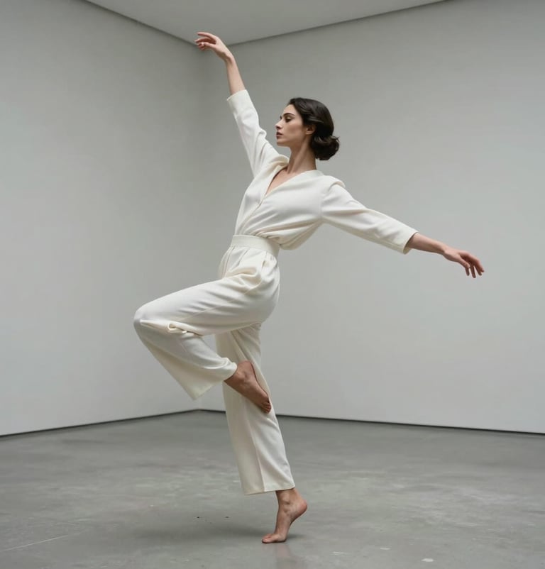 A high-fashion photography piece showing a model in a dynamic yet graceful pose, wearing luxurious white attire, set in a light gray minimalist gallery space, cinematic lighting, Global / Hispano context.