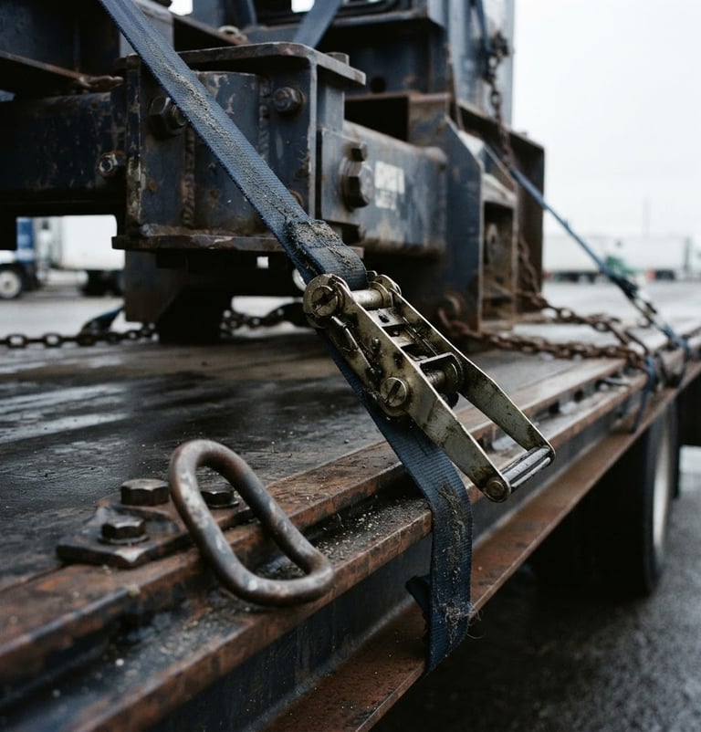 Macro shot of heavy-duty cargo tie-downs securing industrial equipment on a flatbed truck, cool overcast daylight, sharp focus, deep navy and steel tones.
