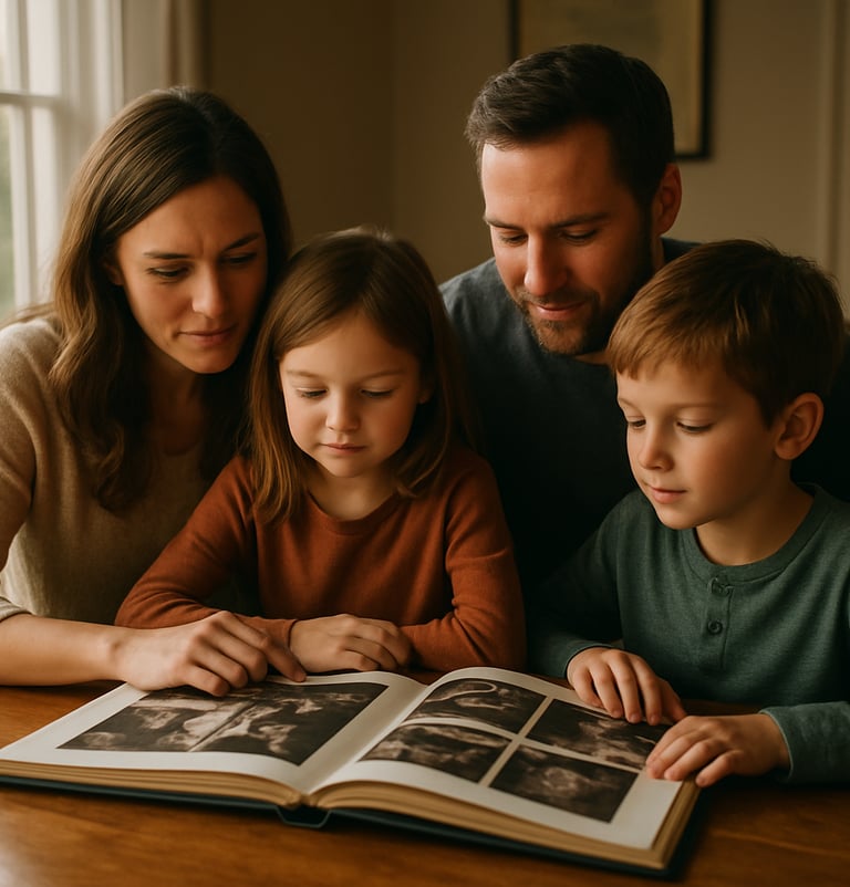 A North American family sitting at a warm wooden table, looking through a printed photography album together. The scene is warmly lit by a nearby window, reflecting an authentic moment of connection and storytelling.