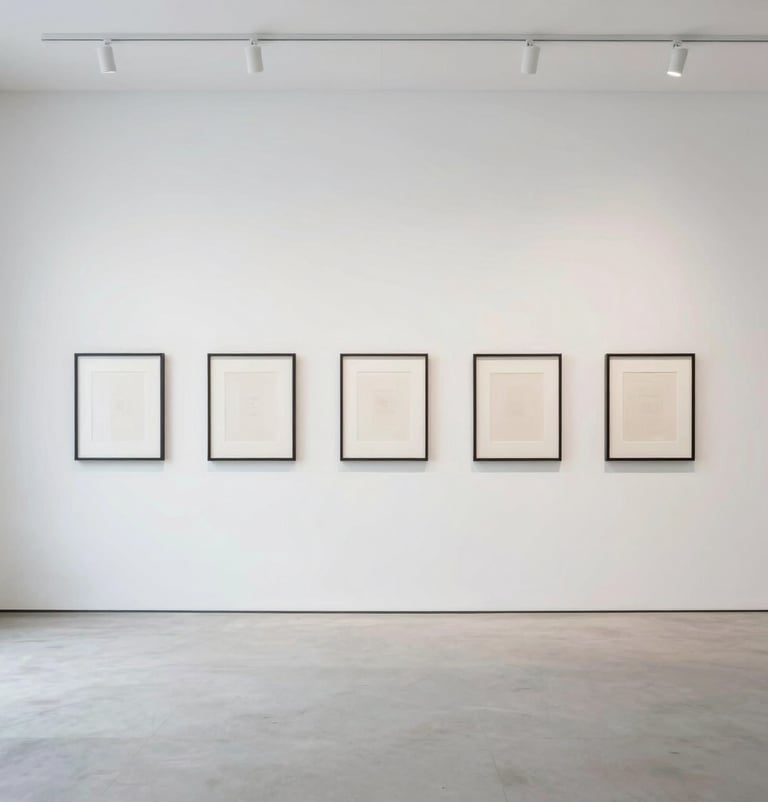 Wide shot of a minimalist gallery interior with stark white walls and light gray floors, North American / European, thin black frames hanging precisely on the wall, airy and calm architectural atmosphere.