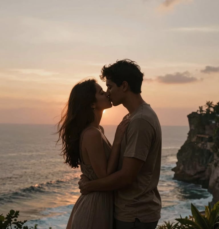 A romantic sunset kiss on a cliffside in Uluwatu, Bali. Elegant silhouette, serene and heartfelt, reflecting deep emotional connection. Hues of #2A362B and #C7B7A3.
