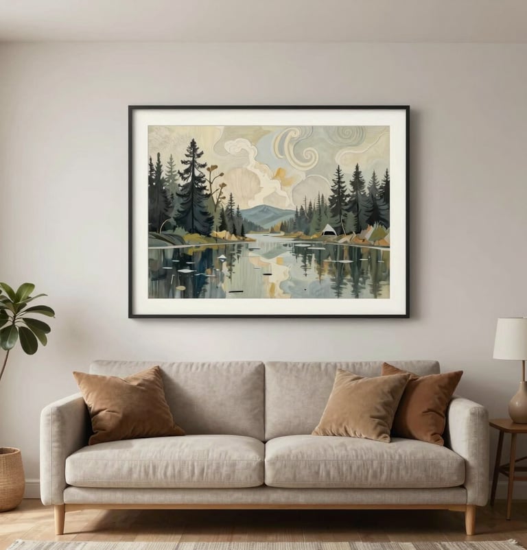 A wide-angle professional photograph of a finished commission piece hanging above a minimalist sofa in a bright North American apartment. The art coordinates perfectly with the earthy-toned pillows and wooden furniture.