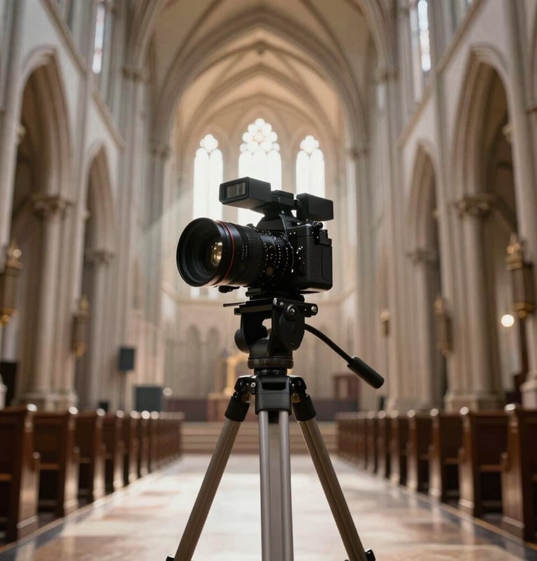 An elegant, low-angle shot of a film camera on a tripod inside a beautiful, high-ceilinged cathedral. The light rays are visible through the air, highlighting textures in #A79E8B and #F5F2EC. Artistic and inspiring professionalism.