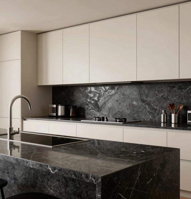 Modern gourmet kitchen with cream cabinetry and dark slate stone countertops, reflecting high-end South American / Brazilian contemporary architecture and professional lighting.