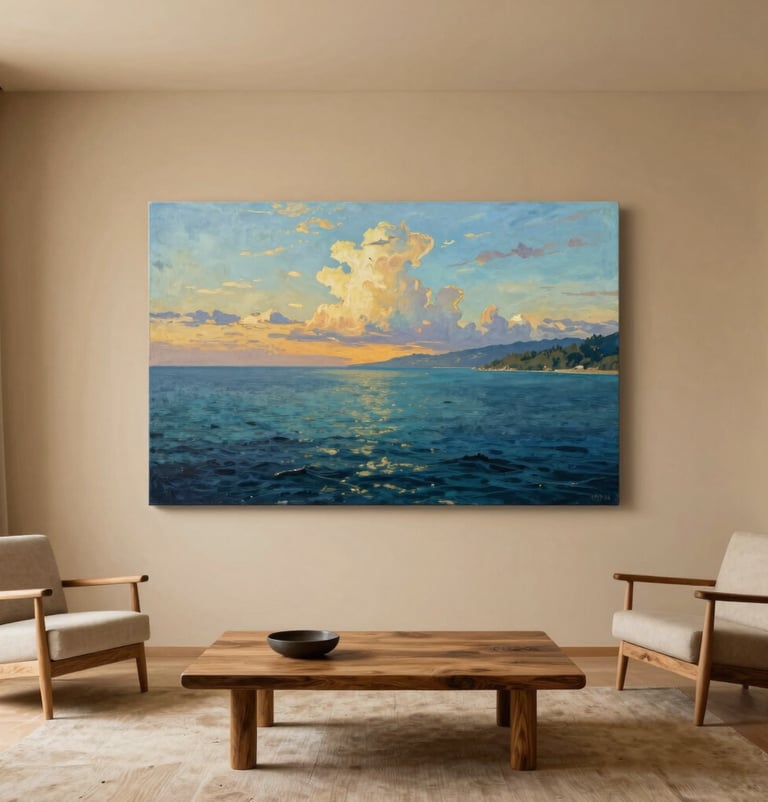 A wide shot of a minimalist living space with a warm sand-colored wall where a large, vibrant seascape painting is displayed. The room has organic wood furniture and a serene atmosphere.