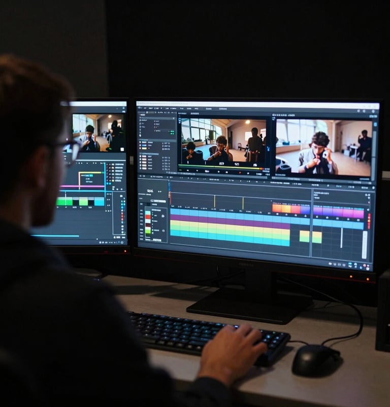 A behind-the-scenes photograph of a professional editing suite in a dark room. Glowing monitors display steel slate color grading panels and high-contrast video frames. The aesthetic is clean, professional, and tech-focused.