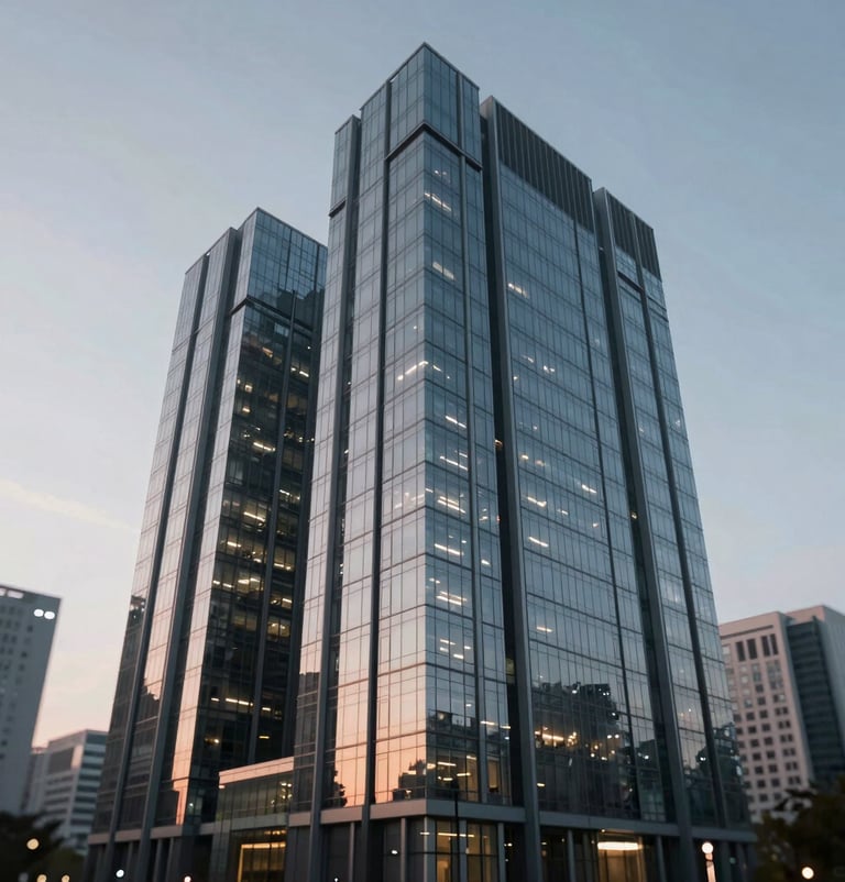 Wide cinematic shot of the finished 'Edge' building facade. Modern, sharp lines, dramatic evening sky. Reflections on glass surfaces using #F5F5DC tones. The structure dominates the frame with a bold presence.