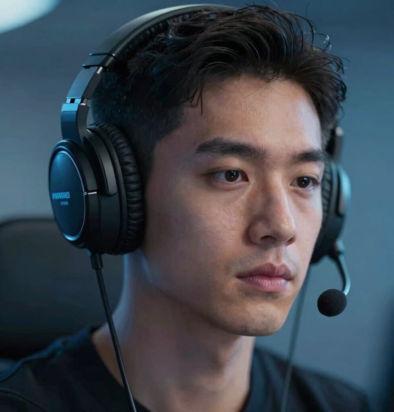 Close-up portrait of Nicky Awake wearing professional headphones, focused artistic expression, cinematic lighting with #7A7CF1 and #E0E0EB highlights.