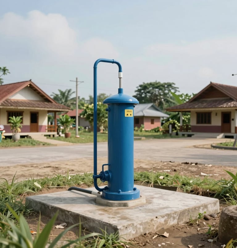 A wide-angle shot of a newly installed clean water pump station in a rural Southeast Asian / Indonesian village, professional architecture photography, bright and airy feel.