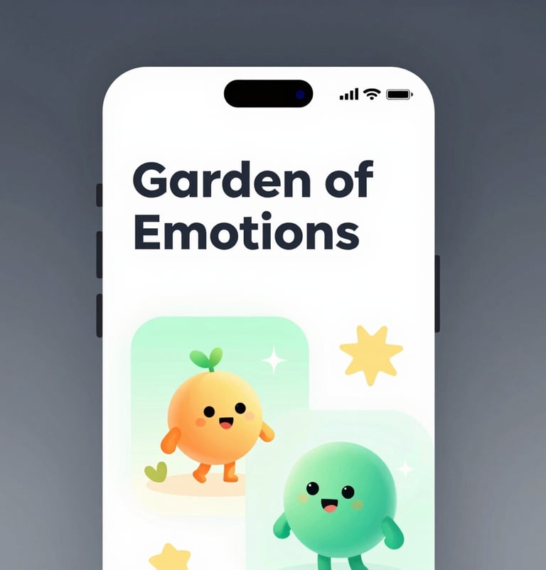 High-fidelity app screen mockup showing a 'Garden of Emotions' feature, using soft gradients, friendly characters, and a very legible, modern rounded typeface.