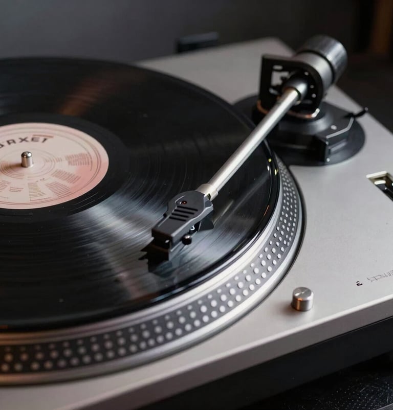 Detail shot of a high-end turntable with a vinyl record spinning. Polished silver and black metal finishes, deep gray tones. Professional and artistic North American / US music lounge setting.