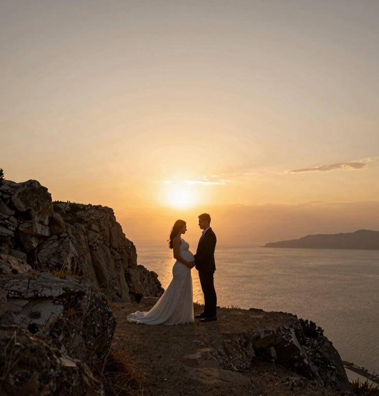 A wide angle outdoor shot of a bride and groom during a maternity shoot on a Bodrum cliffside at golden hour. The composition is minimal, focusing on the silhouette against the sunset. Warm mustard and charcoal tones in the landscape.