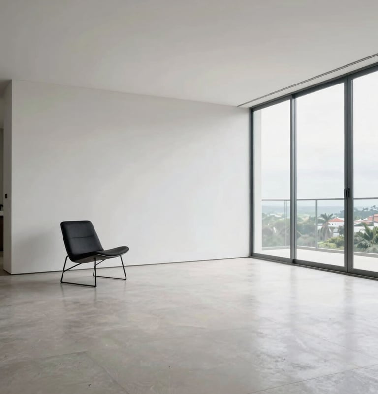 Interior shot of an expansive, minimalist living area in a South American / Brazilian penthouse. The space is filled with negative space, featuring a single black designer chair against a massive white wall and floor-to-ceiling windows.