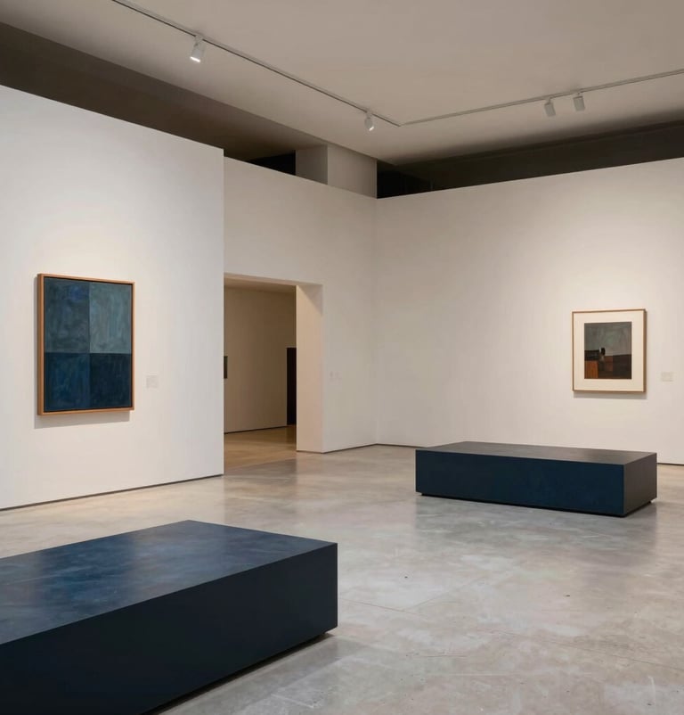 Perspective shot of a sophisticated contemporary art exhibition in Bogotá, showing minimalist installations and clean spaces with off-white and dark slate blue accents, Latinoamericano / Español region.