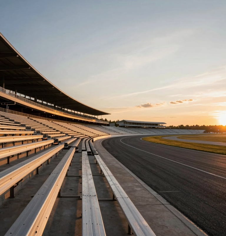 Wide angle landscape of a North American race track at sunset, the grandstands reflecting off-white and golden hour light, empty asphalt stretching into a moody horizon.