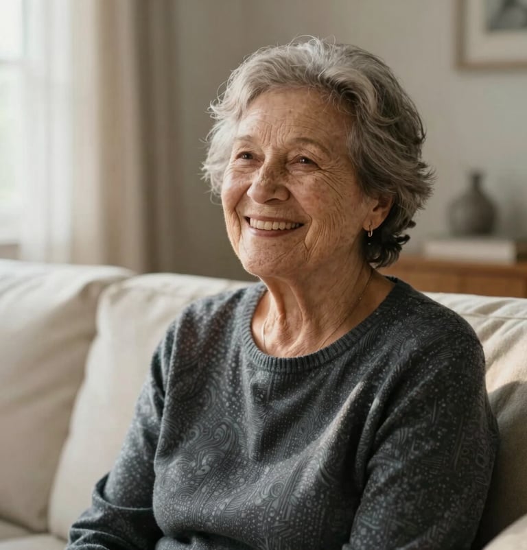 A candid, lifestyle portrait of a grandmother smiling warmly, captured in a sun-bathed living room. The lighting is soft and authentic, featuring textures of charcoal wood and off-white fabrics.