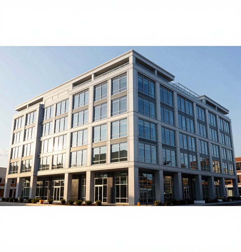 Wide shot of a modern commercial building in Northern Virginia at sunrise, showing expansive glass and steel, clean architectural lines, high contrast, 35mm.