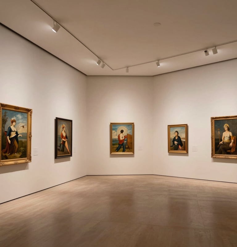 Wide-angle photography of a clean, modern art gallery interior in a North American city, minimalist light beige walls, soft recessed lighting, showcasing a few framed paintings.
