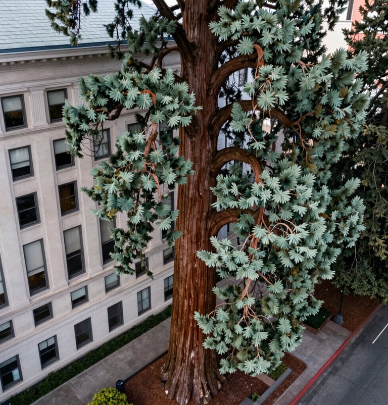 An aerial photograph of a giant sequoia tree positioned next to a classic historic building in the US Pacific Northwest. The contrast between the sage green tree and the architectural details creates a visually immersive urban scene.
