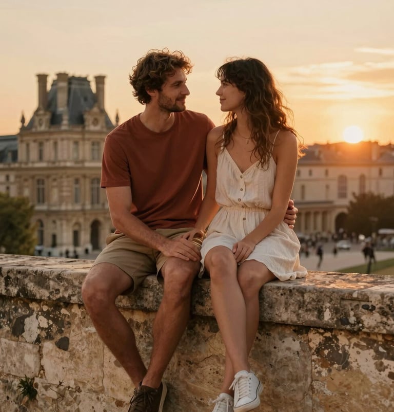 Lifestyle photography of a couple sitting together on an old stone wall, warm sunset glow, intimate and sincere expression, French architecture in background, cinematic tones of terracotta and sand.